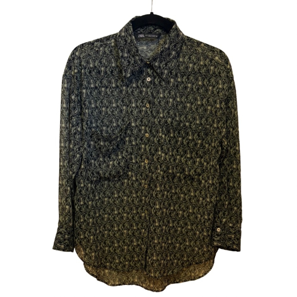 Zara Sheer Paisley Print Button-Up Shirt – Black & Green